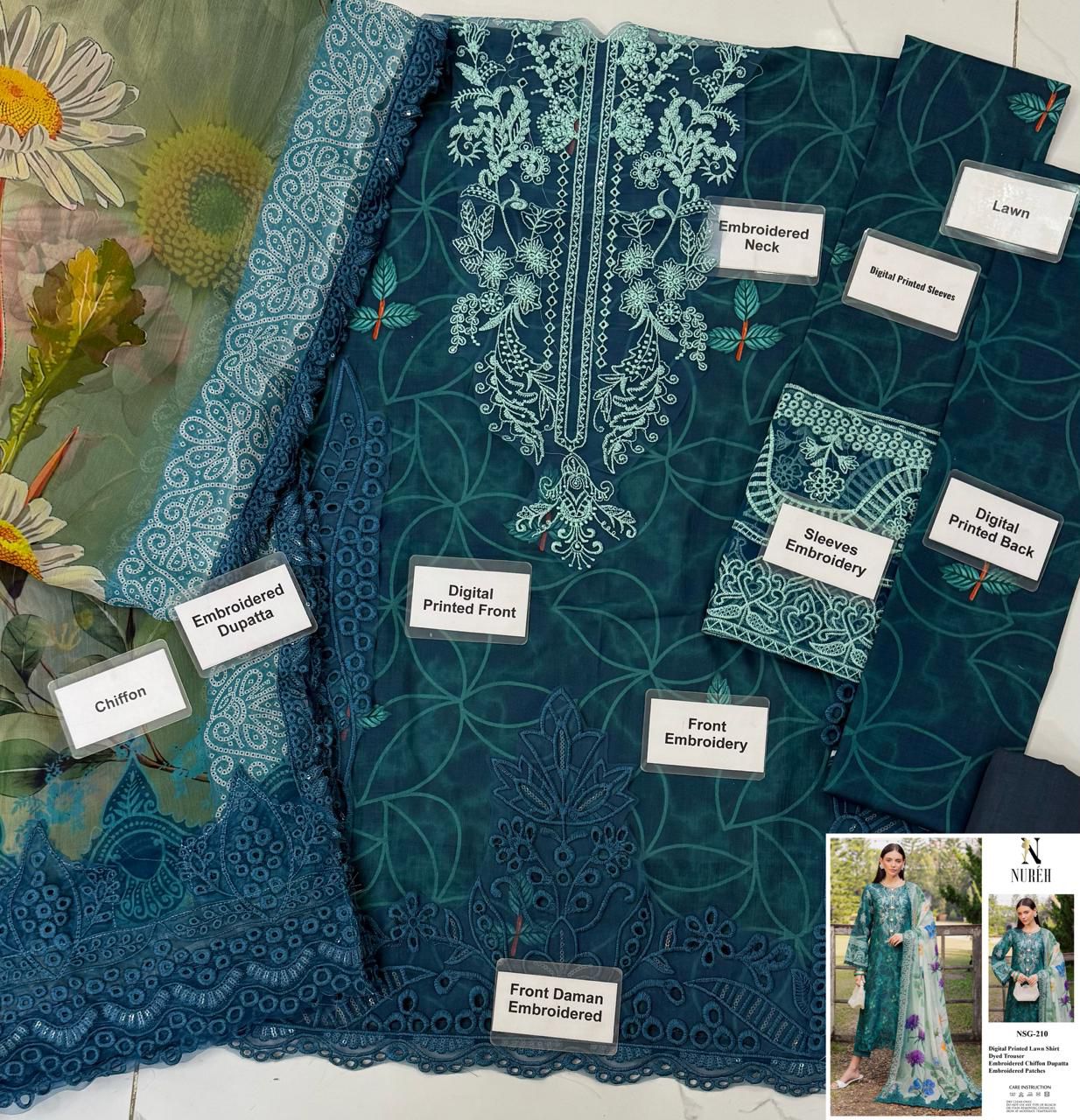 Brand Name : Nureh☆ | &nbsp;Digital Lawn &amp; Bamber Chiffon☆ | DC Free on Advance Paymnet