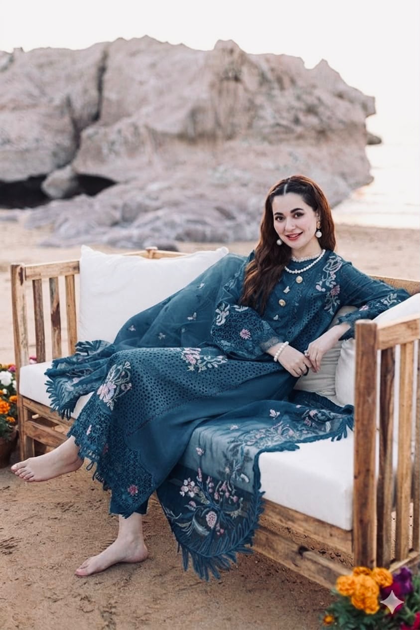 QALAMKAR Luxury Lawn - Model front view sitting