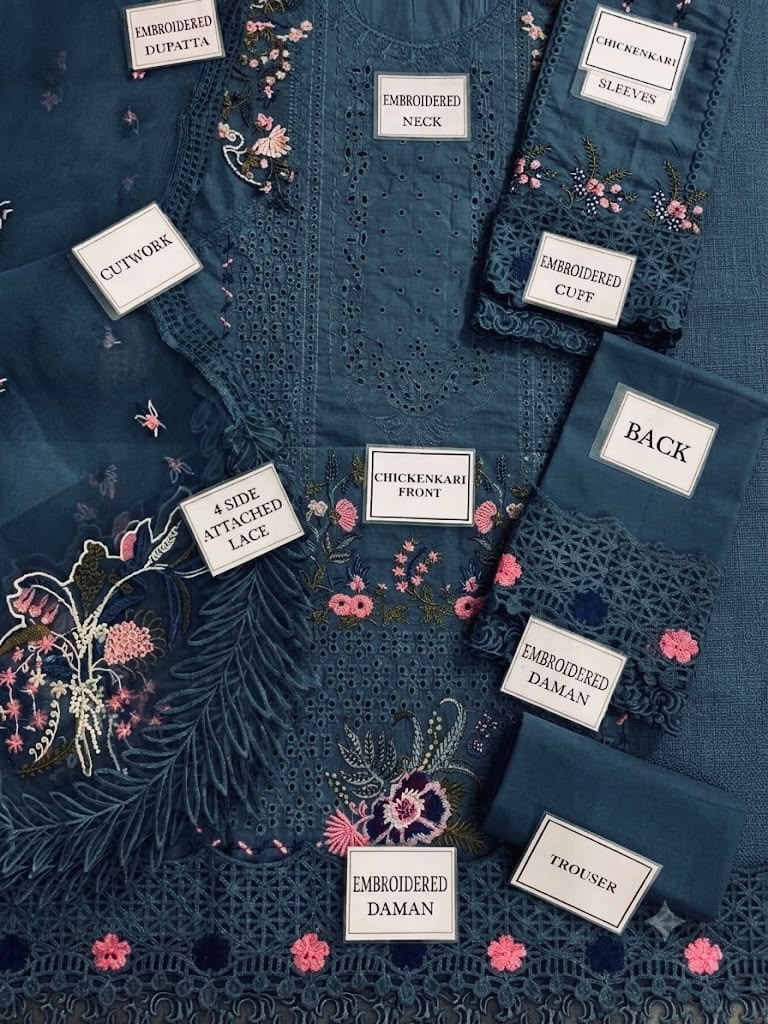 QALAMKAR Luxury Lawn - Fabric close-up with embroidery details
