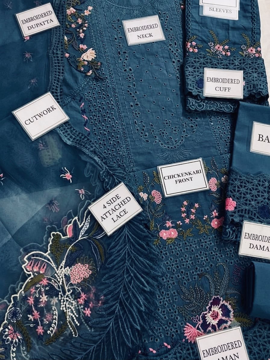 QALAMKAR Luxury Lawn - Full fabric layout with labels